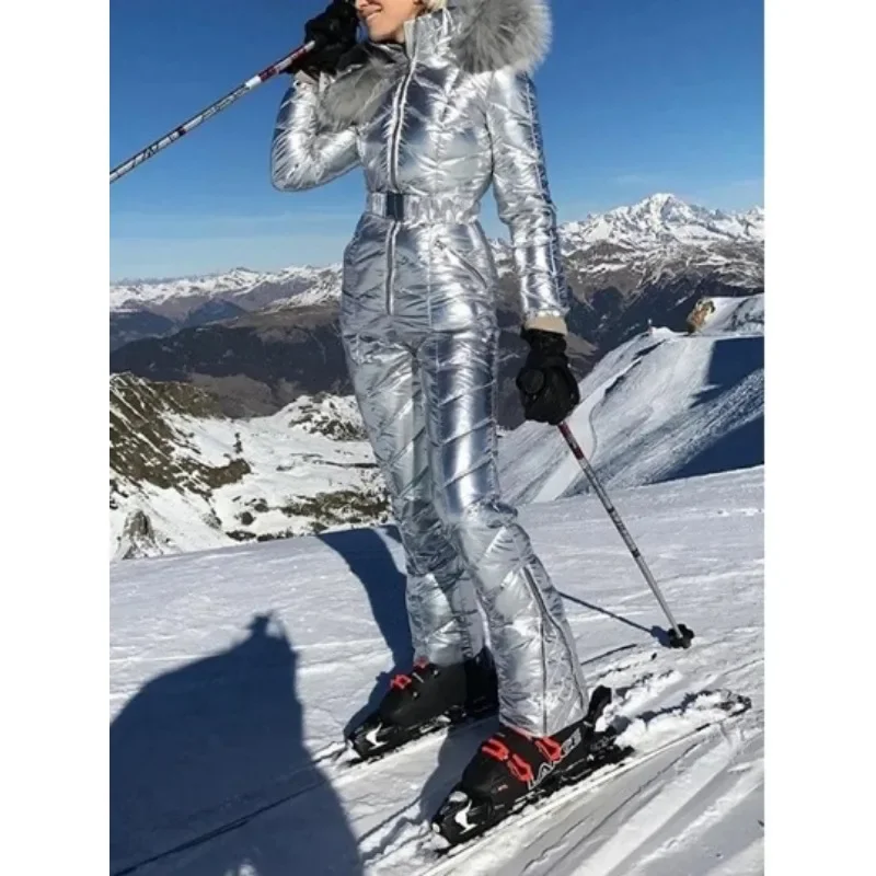 2024 Winter Hooded Parka Jumpsuit Women Bodysuit Sashes Jumpsuits Zipper Overalls Tracksuits One Piece Ski Suit Women Jackets