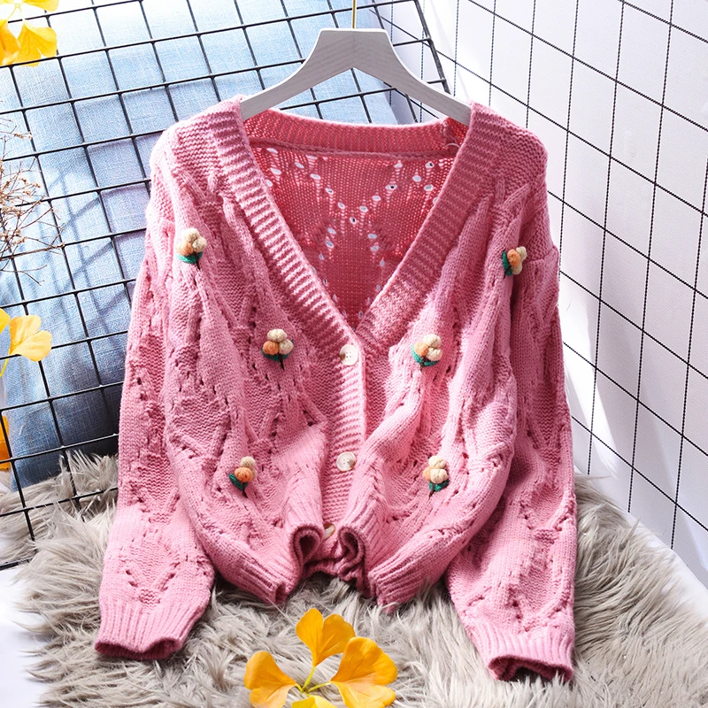 

Pink Hollow Out Embroidry Knitted Women Sweater Cardigan Winter 2022 V-Neck Long-Sleeved Short Female Outwear Coats Top Quality