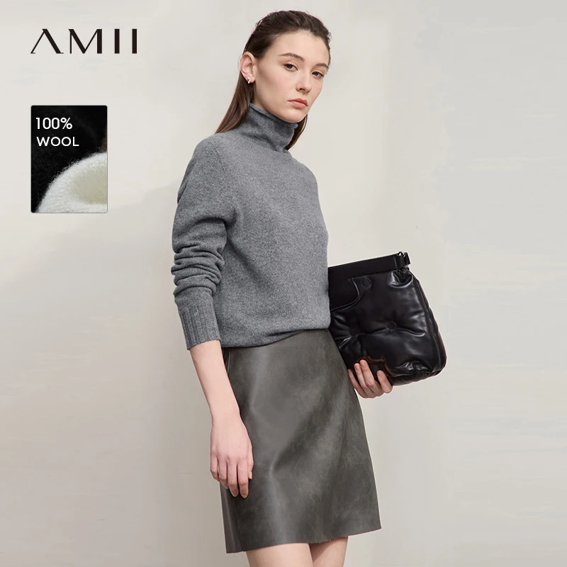 

AMII женский свитер, осень 2022, новый топ с длинными рукавами, вязаная шерстяная водолазка, однотонный свободный пуловер, женский свитер 12513014