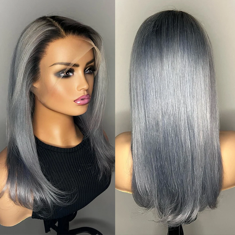 

Pre Plucked Hairline 13x6 Lace Front Wig Dark Grey Blonde Straight Wig Rooted Omber Human Hair Wigs 100% Glueless Ready to Ship