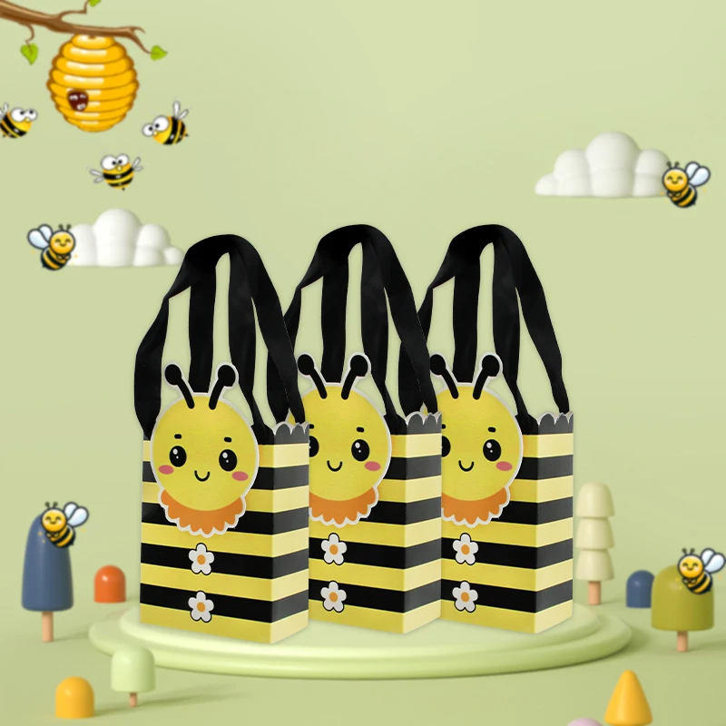 20PCS Honey Bee Small Gift Bags with Handles Bee Bags for Party Favor Bee Paper Bags for Bee Party Decorations