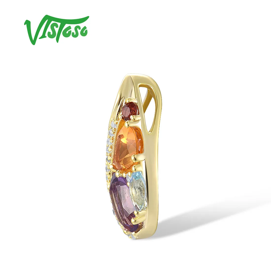 VISTOSO Pure 14K 585 Yellow Gold Pendant For Women Sparkling Diamond Multi-Color Gems Pear Shape Elegant Fashion Fine Jewelry