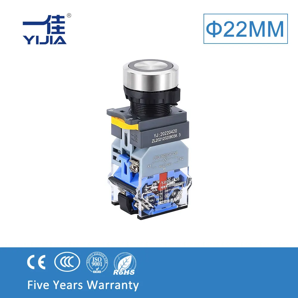 

YIJIA, 22 мм, водонепроницаемый кнопочный переключатель из нержавеющей стали с 12 В, 24 В, 220 В, светодиодный светильник