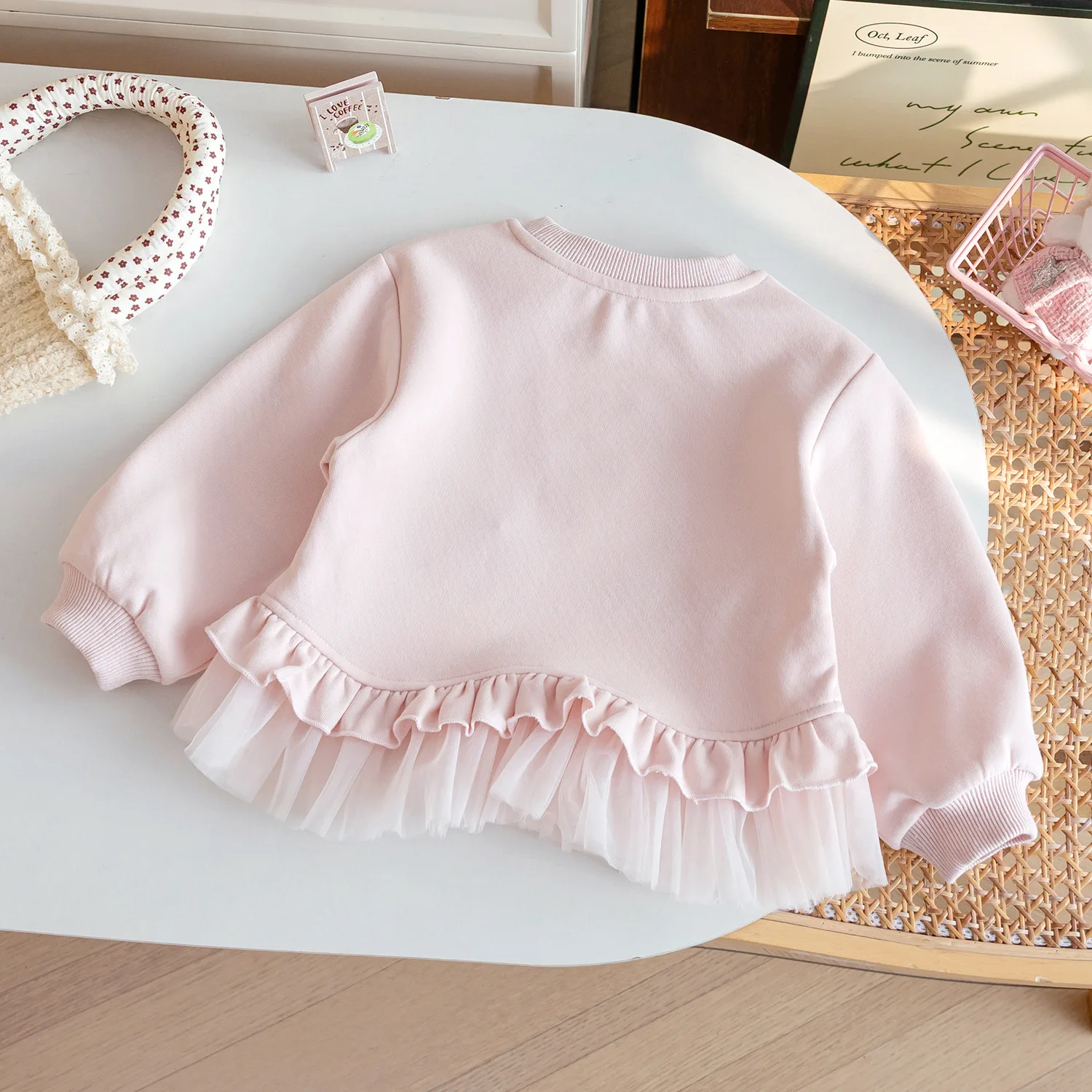 Girls Sweet Style Sweatshirt Fall New Cute Little Elephant Cherry Patch Decor Stylish Mesh Hem Pullover