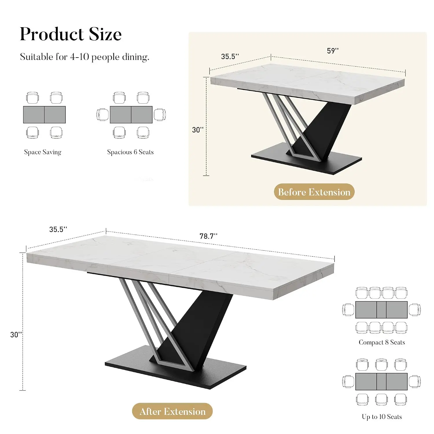59'' to 78.7'' Extendable Dining Table for 4-8, Faux Marble Expandable Kitchen Table with Sturdy Metal Base, Customized