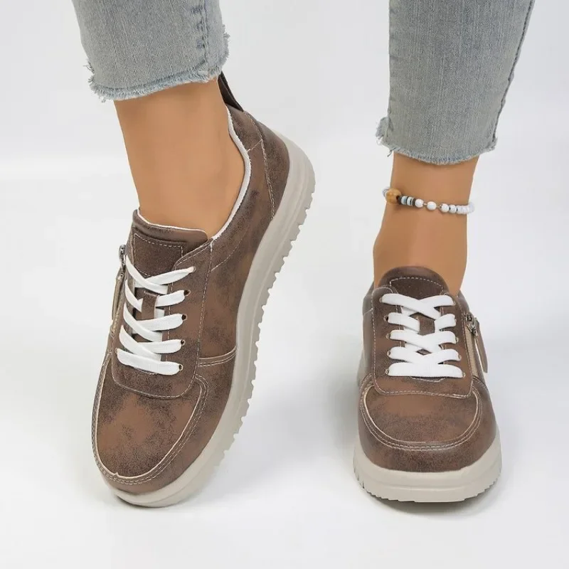 Women's Casual Platform Sneakers Metallic Glitter Lace Up Side Zipper Flat Walking Shoes Comfort Everyday Trainers for Ladies - view 4