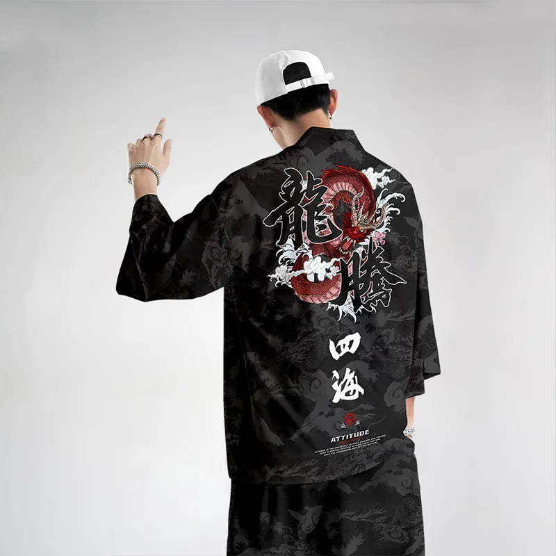 Men Women Cardigan Chinese Dragon Traditional Japanese Clothing Asian Clothes Samurai Crane Japanese Style Kimono Haori Coat