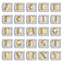New Fashion A-Z 26 Letter Gold Color Inlaid Zirconia Italian Charm Link Fit 9mm Stainless Steel Bracelet Making DIY Jewelry