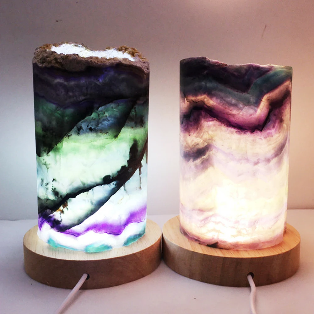 

Natural Crystal Rainbow Fluorite Cylindrical Night Light Colorful Fluorite Desk Lamp Bedroom Aromatherapy Crystals Crafts Decor