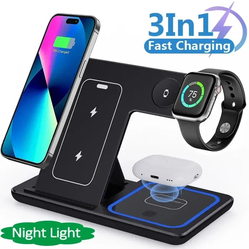 3 In 1 Foldable Wireless Charger Stand For iPhone 15 14 13 16 Pro Max Plus IWatch AirPods 3/2 Fast Charging Station Dock Holder