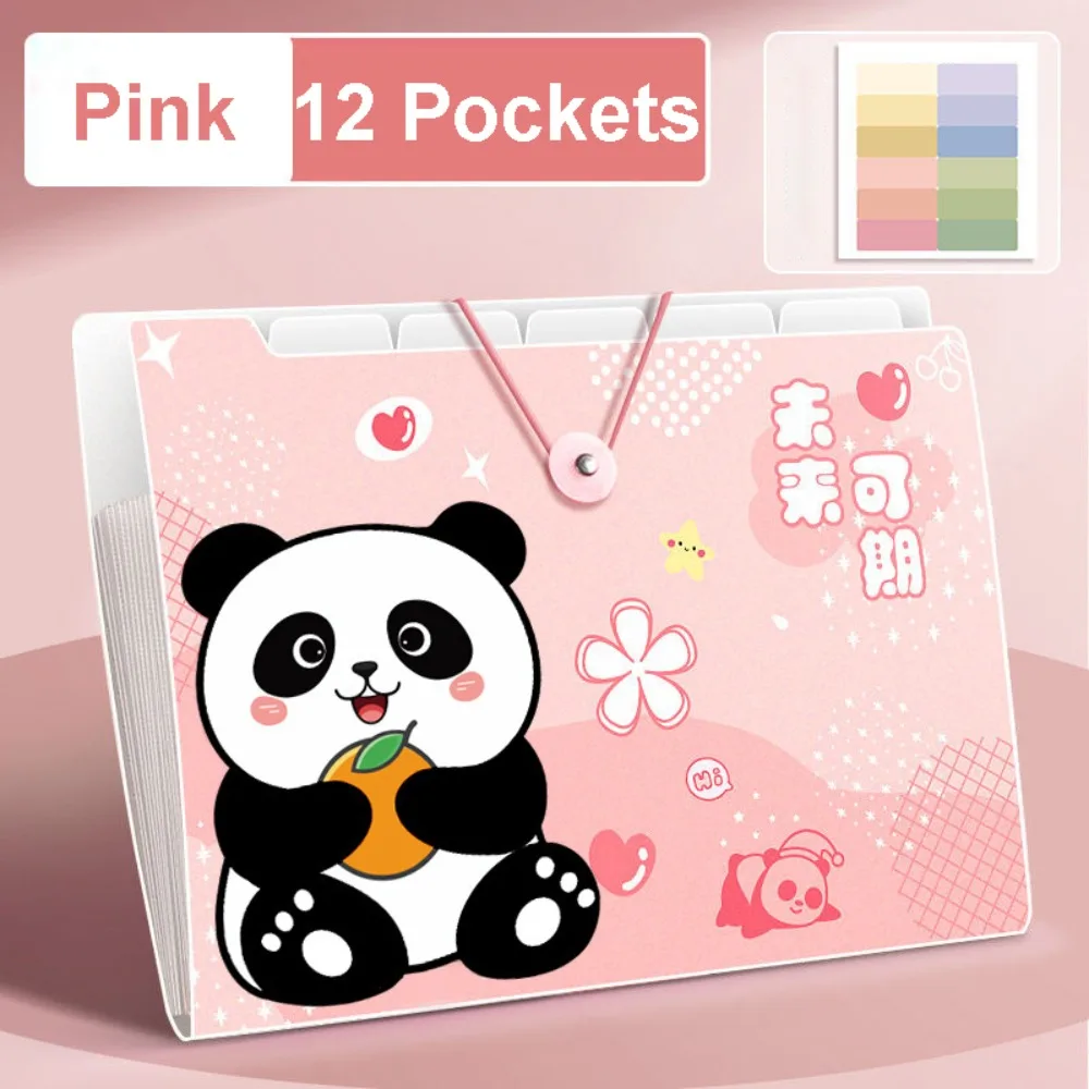 Panda A4 File Folder Large Capacity 8/12 Pockets Test Paper Storage Folder Cartoon Buckle Design Document Bag Student Supplies