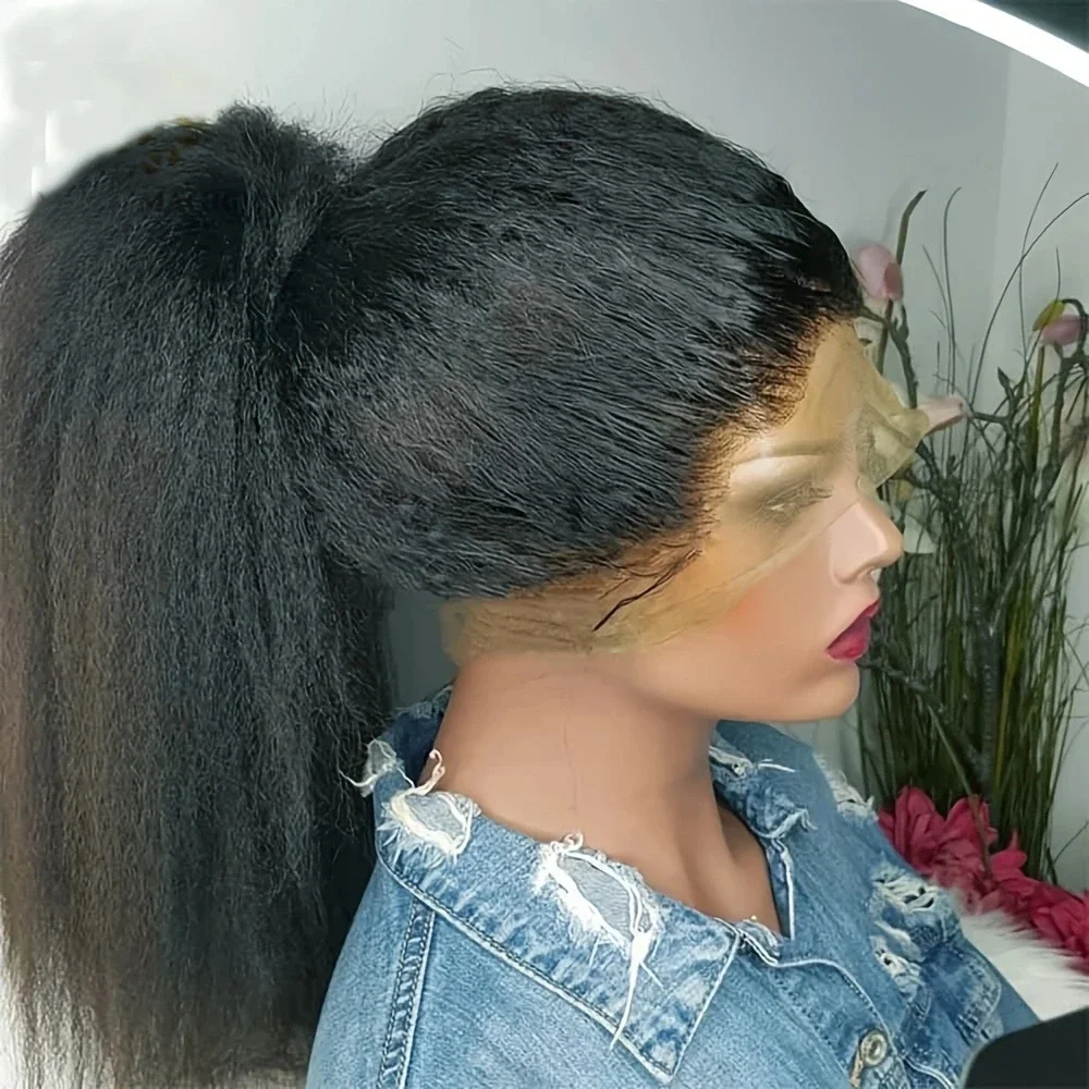 24 Inch Kinky Straight Yaki  Natural Black Soft Long Glueless Lace Front Wig For Women With Baby Hair Synthetic Preplucked Daily