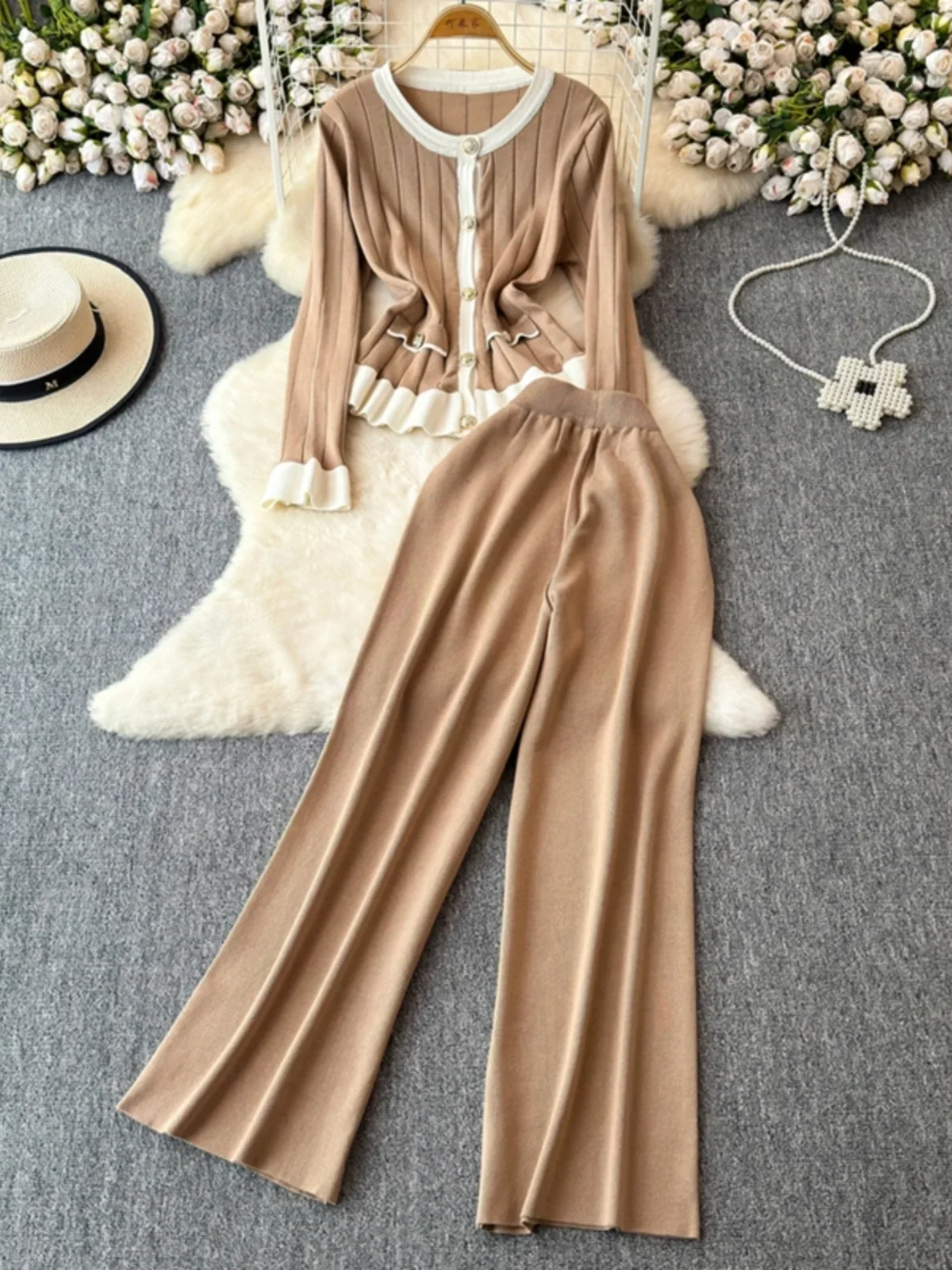 Women Elegant Knitted Two Piece Suit Autumn Retro Long Sleeved Round Neck Loose Knit Sweater High Waisted Wide Leg Pants Suits