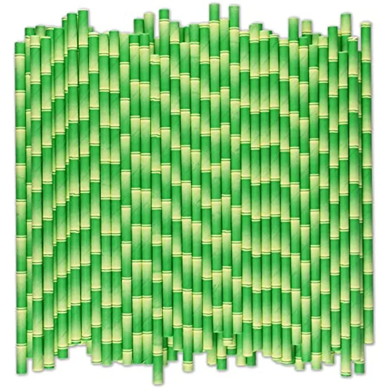 Disposable Paper Straw Tableware, Green Bamboo Shape Pipette, Wedding Banquet, Coffee Drink Juice, Festive Event Party, 100pc
