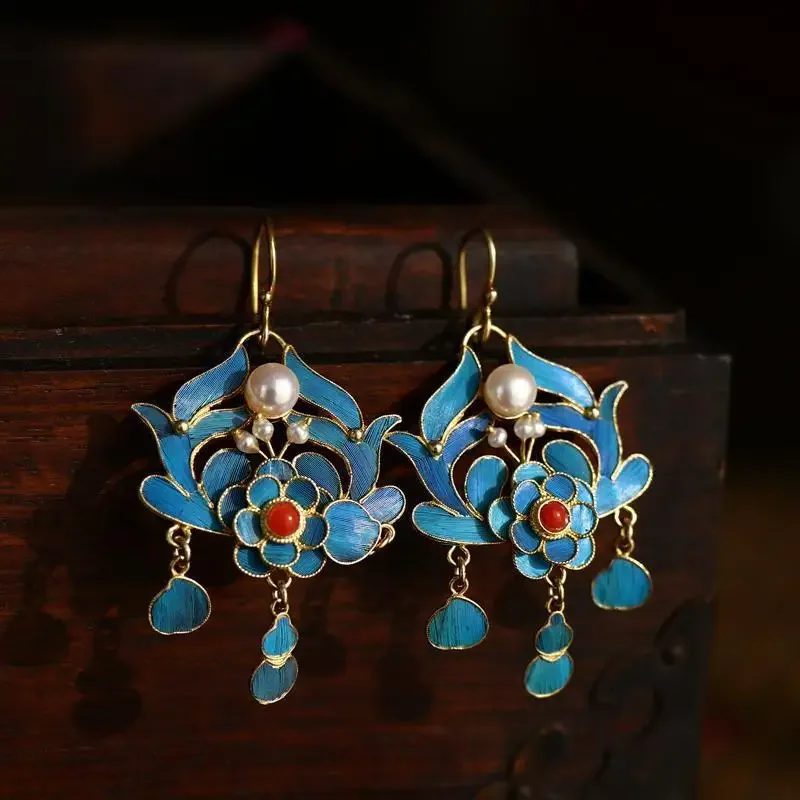 

Golden Edge Pearl Gems Inlaid Blue Earrings Traditional Chinese Style Ancient Eardrop Palace Museum Contracted Hanfu Accessories