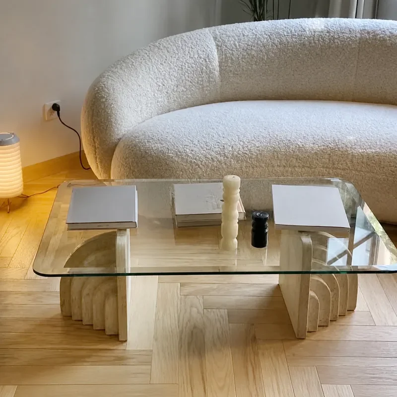 Nordic Natural Travertine Coffee Table Modern Light Luxury Tempered Glass Tea Table for Living Room Hotel Creative Design