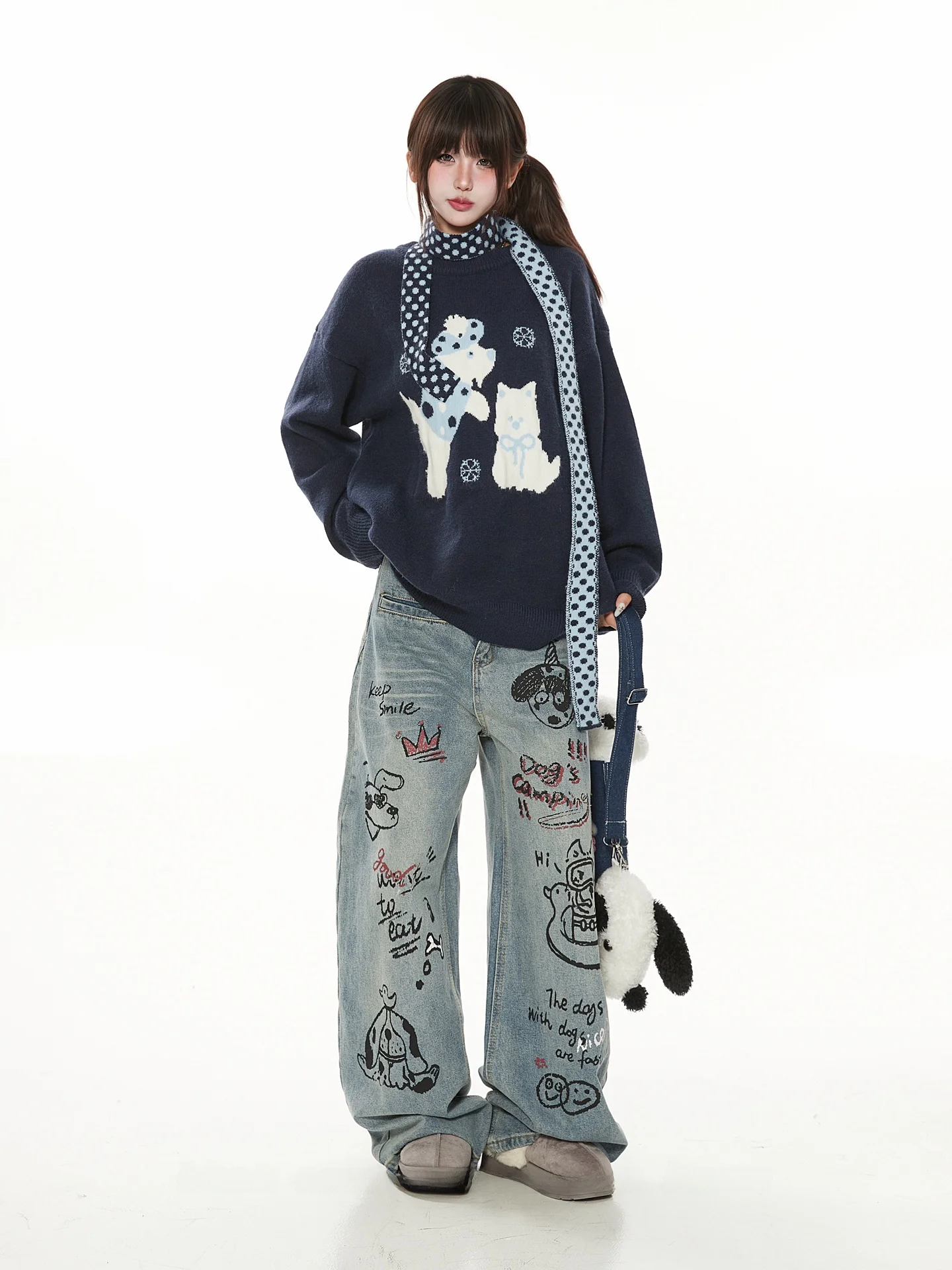 

Шарф в горошек с милой мультяшной собакой, вязаный свободный круглый свитер Ne, женский весенне-осенний корейский трикотаж в стиле ленивого ретро