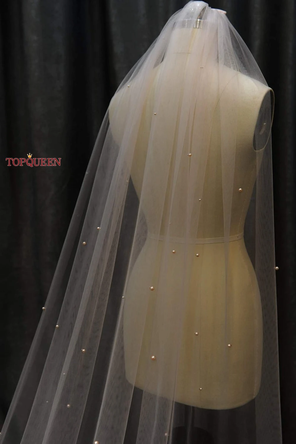 TOPQUEEN V11 Real Photos 3M Cathedral Wedding Veil Soft Swiss Voile With Champagne Pearls 1 Tier Beautiful Long Bridal Veil