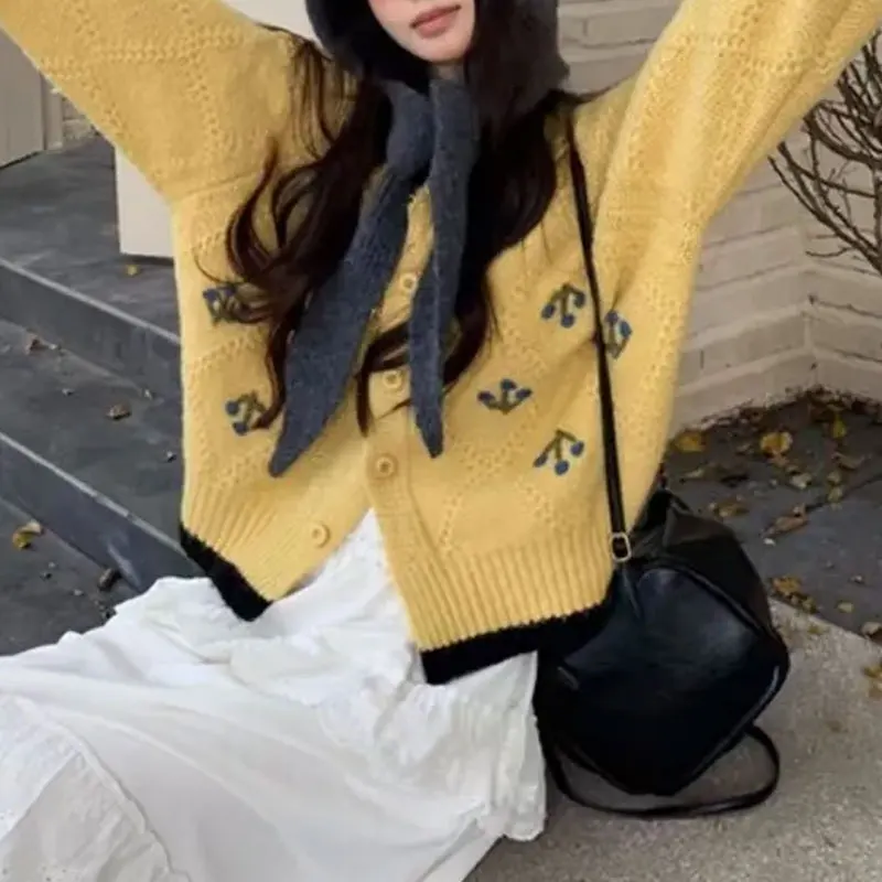 الملابس النسائية لطيف هوك زهرة سترة محبوك خمر الخريف الشتاء الألوان المتناقضة المرقعة سترات فضفاضة غير رسمية