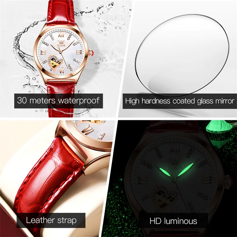 OLEVS-Montre Mécanique existent en Cuir Rouge pour Femme, Montres de Marque de Luxe, Strass, Mode, Nouveau, 138