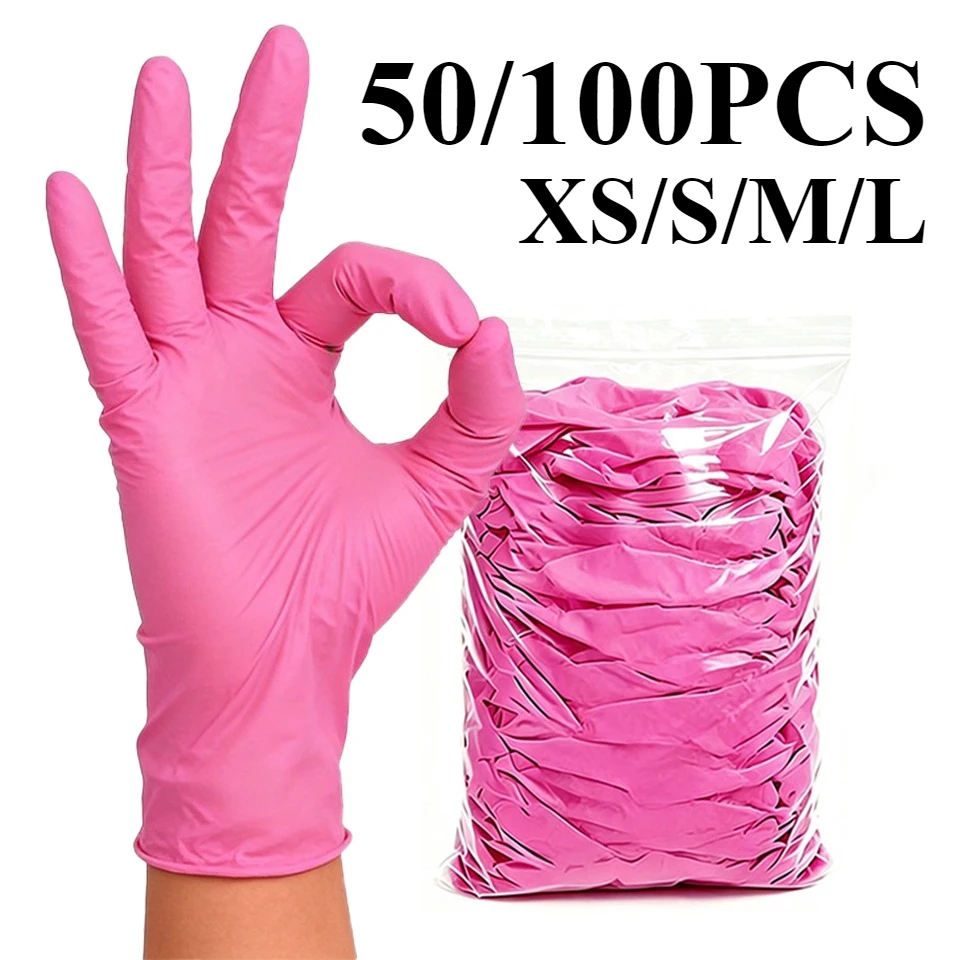50/100PCS Deep Pink Nitrile Gloves Disposable Powder Free Waterproof Cleaning Gloves Household Beauty Salon Daily Use Supplies