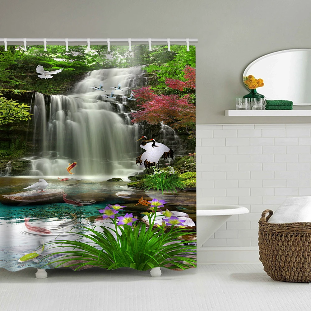 1/4 Forest Waterfalls Shower Curtains, Toilet Seat Decoration, Shower Curtain with Carpet and Toilet Lid, 12 70.8x70.8 inch Hook