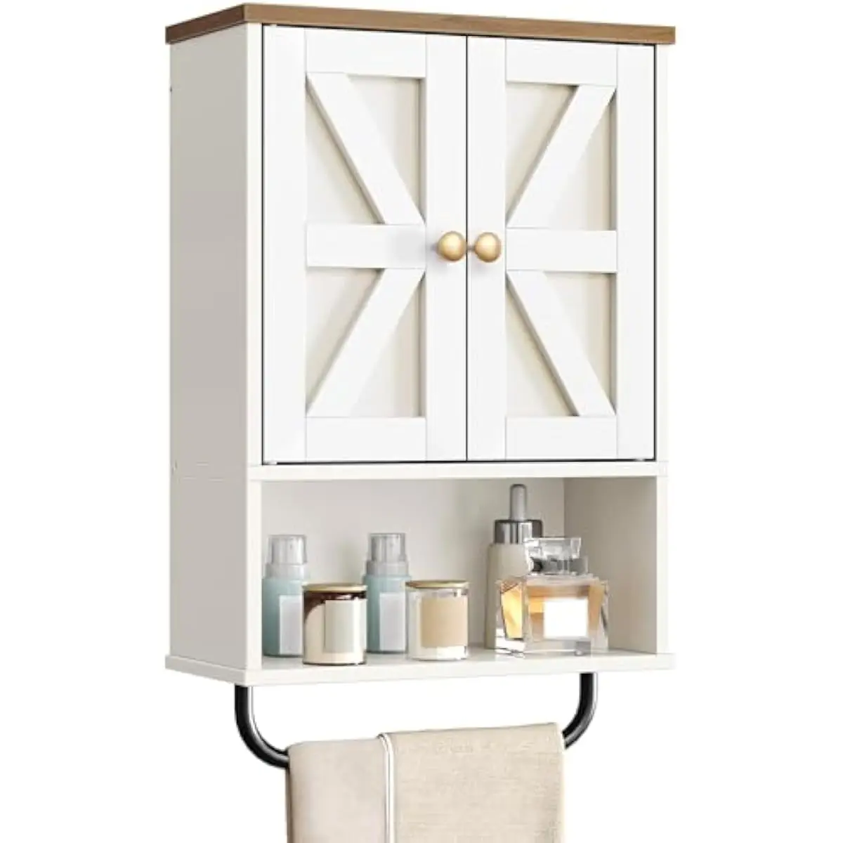 Wall-mounted engineered wood cabinet with iron towel bar, open shelf section and concealed interior compartment, 3-position adju