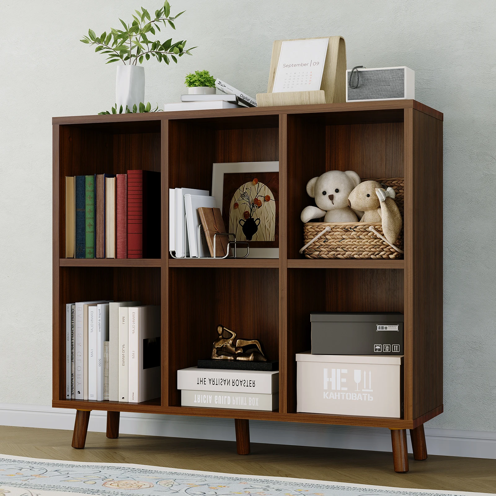 Mid Century 6 Cube Open Bookshelf, Wooden Cubby Storage Bookcase with Wood Legs, Freestanding Display Storage Shelf for Home Office, Living Room, Bedroom