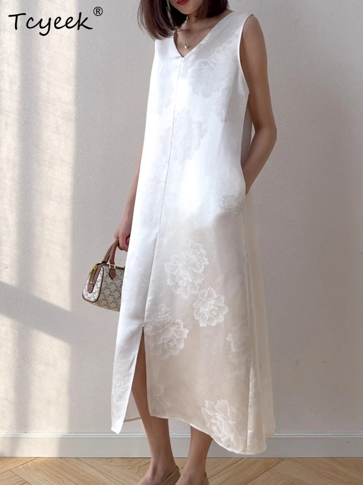 Tcyeek Heavyweight 35MM 100% Real Silk Dress for Women Elegant Womens Dresses Summer Clothes Party Dress Split Vestidos Mujer