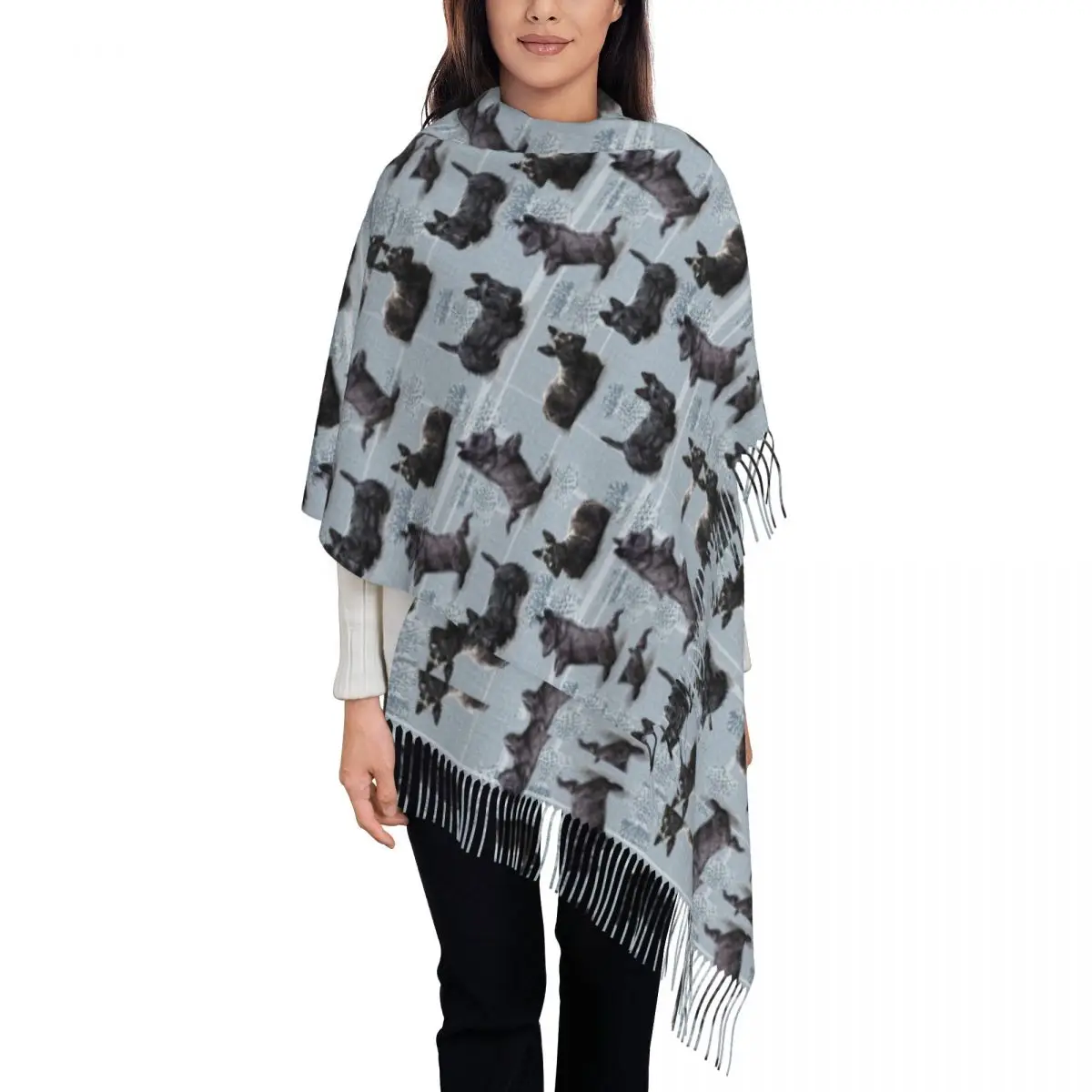 The Scottish Terrier Scarf for Women Fall Winter Pashmina Shawls and Wrap Scottie Dog Tartan Skye Scarves with Tassel Daily Wear