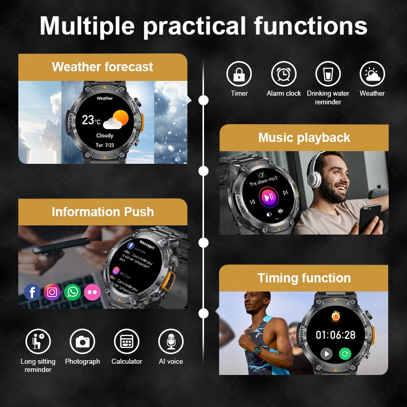 LIGE สมาร์ทวอท์ชผู้ชายพร้อมไฟฉายสร้อยข้อมือฟิตเนสกีฬาความดันโลหิต Health Monitor Smartwatch กันน้ําสําหรับ Android iOS