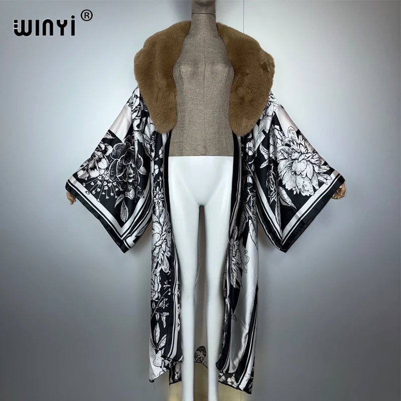 ชุดคลุมสไตล์โบฮีเมียน WINYI ผ้าไหมเทียม แต่งปกขนเฟอร์เทียม เหมาะสำหรับงานปาร์ตี้ อาบายา ดูไบ แฟชั่นหรูหราสำหรับผู้หญิงมุสลิม แบบเปิดด้านหน้า