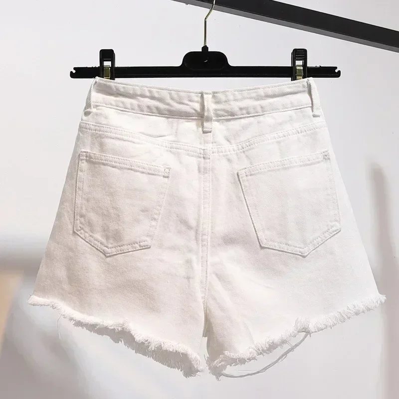 Large Size Denim With Ruffled Shorts Women's Summer High Waisted Loose Hole Wide Leg Student A-line Hot Pants Basic Short Jeans