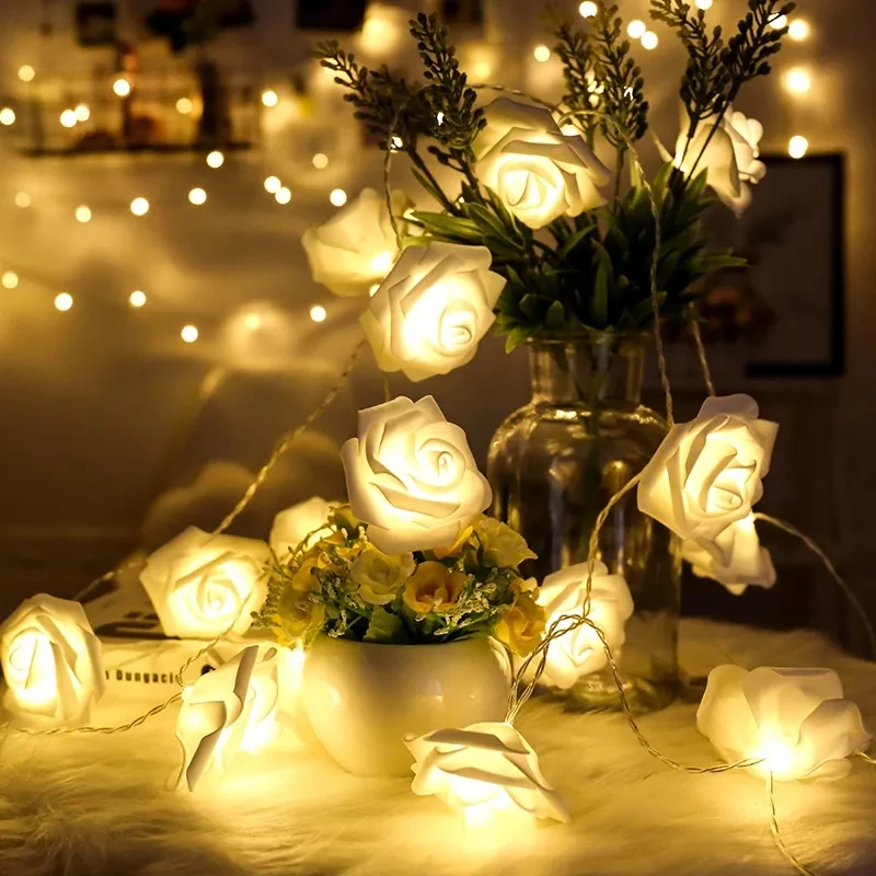 2.5M 20 LED Garland Artificial Rose Bouquet String Lights Foam Rose Fairy Lights Valentine\'s Day Christmas Wedding Decoration