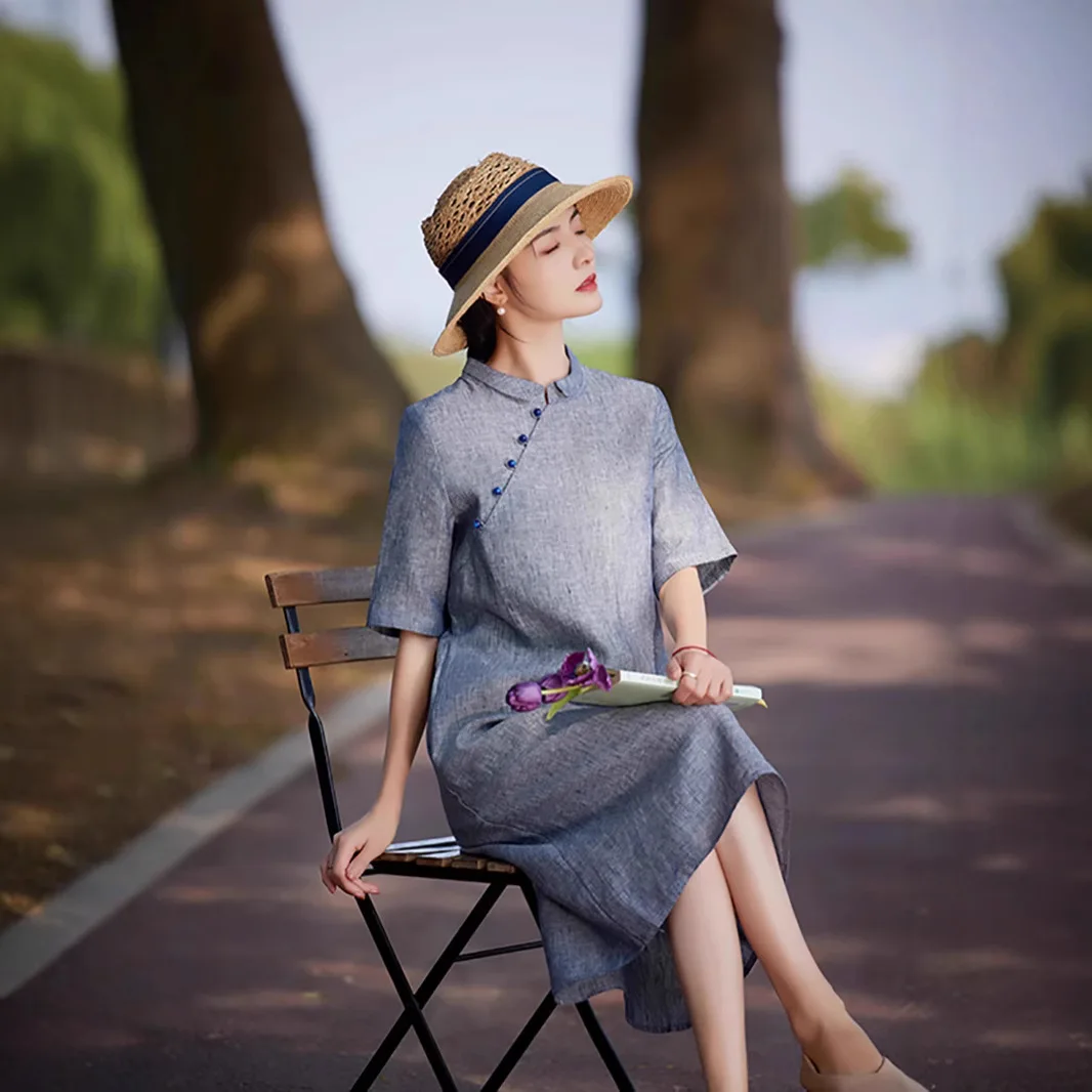 

Linen dress age-reducing five-quarter sleeve stand-up collar buckle improved cheongsam skirt fashion casual versatile simple tem