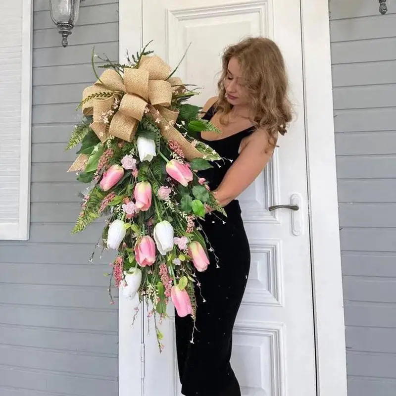 

Tulip Wreath Pink Tulip Flower Wreath Front Door Decorations Burlap Bow Decor Handmade Floral Wreath For Summer Home Decorations