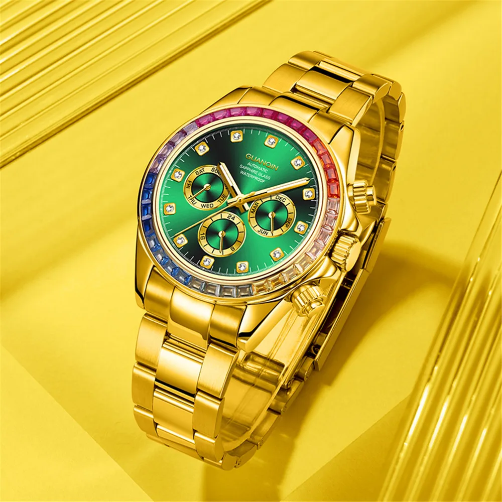 GUANQIN Week Month Роскошные мужские часы Водонепроницаемые автоматические механические часы с автоподзаводом и радужным кругом Часы из стали с сапфировым стеклом и бриллиантами