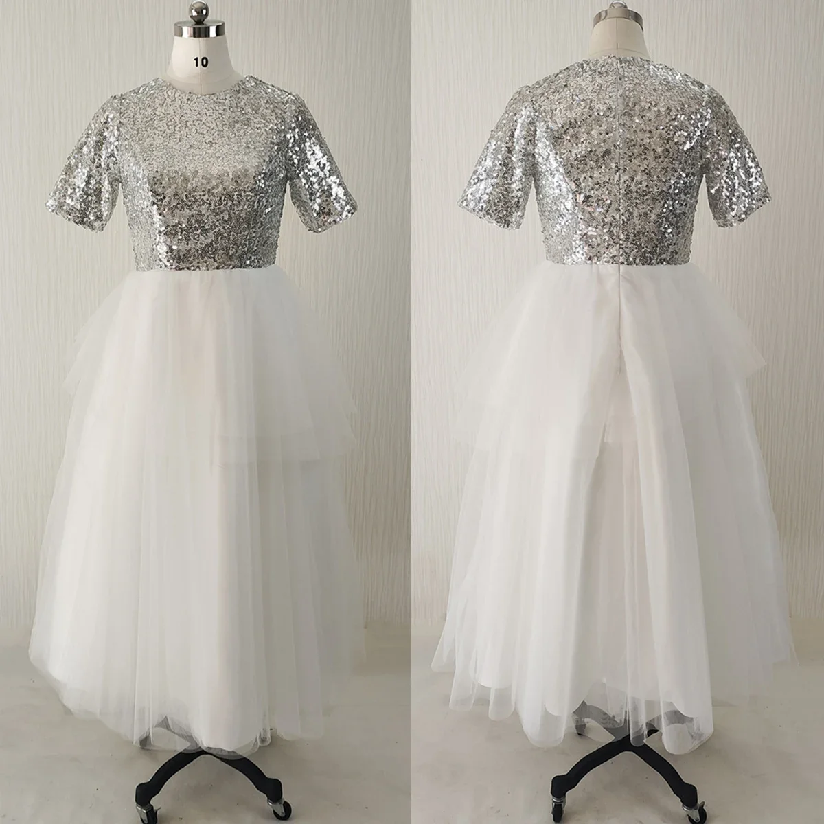 Es Yiiya-vestido De fiesta De crepé, retales con lentejuelas, cuello redondo, Vestidos De graduación De talla grande, manga corta, corte en A, cremallera, Vestidos De Gala K387