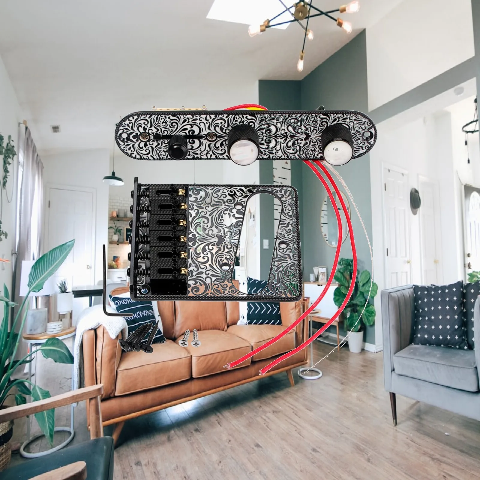 Piezas de Repuesto para Guitarra Eléctrica, Puente de Trémolo de Seis Cuerdas, Metálico, Floral, Negro y Blanco, con Placa de Control para Fender TL Telecaster