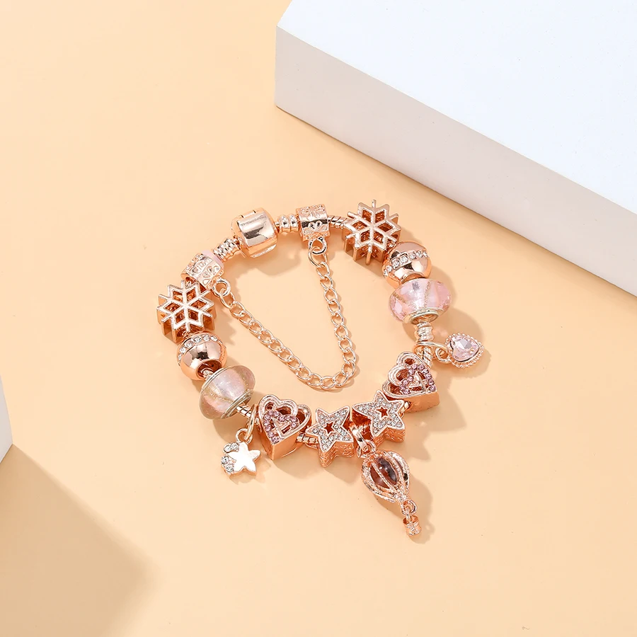 Seialoy Rose Gold Color Heart Beads Crystal Hot Air Balloon Charm Bracelets For Women Meteor Crystal Snowflake Bead Bracelet