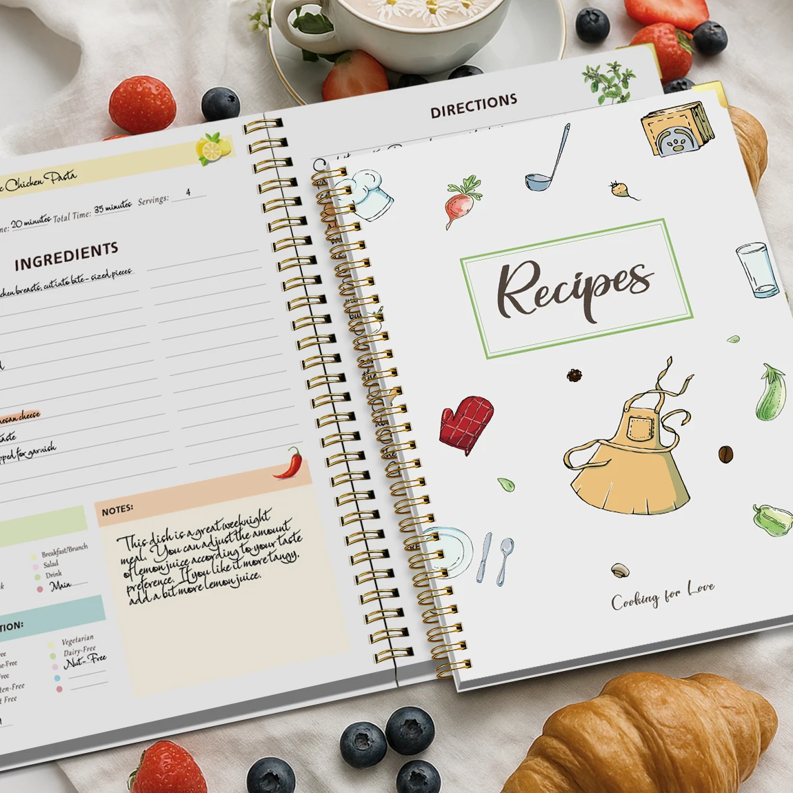 Libro de recetas de tapa dura: libro de recetas portátil para uso personal o familiar, capacidad para 80 recetas, páginas interiores a todo color, tapa dura