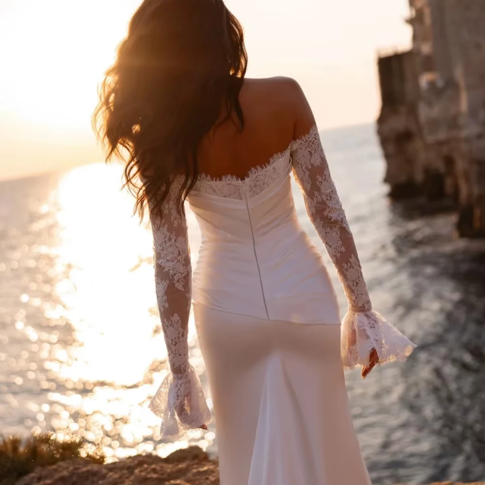 Aangepaste sierlijke trouwjurk voor vrouw bruid satijn zeemeermin lange trouwjurk charmante kant off-shoulder bruidsjurk