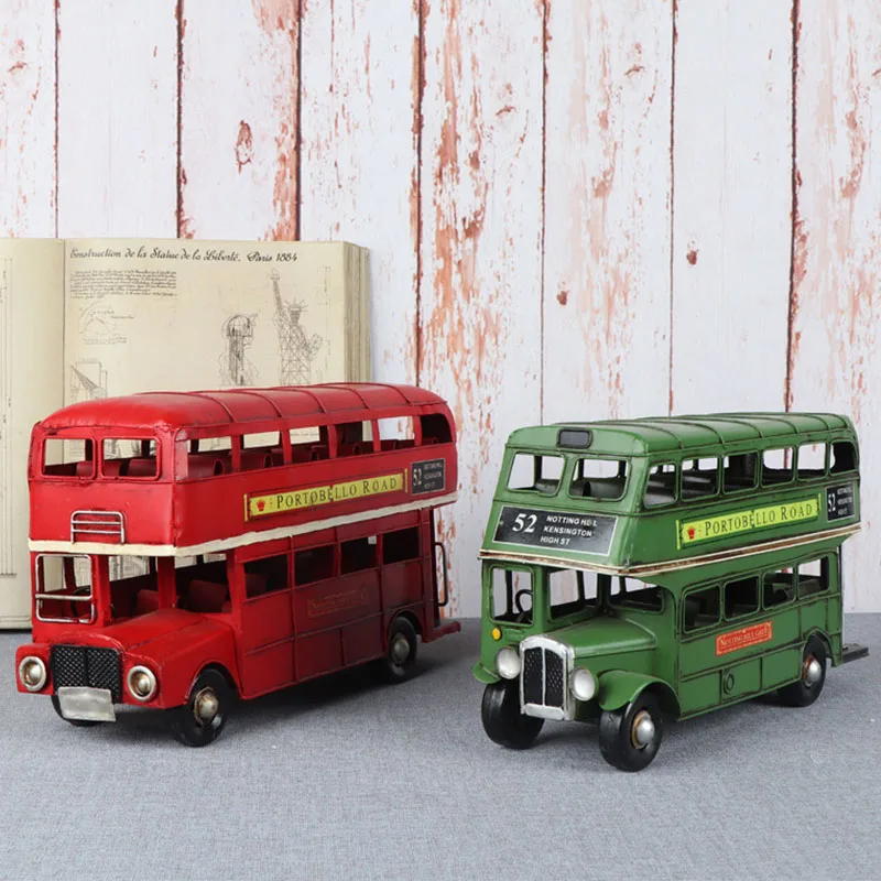 Nostalgic Double Layer Bus Home Decoration Accessories Retro Car Ornaments Miniature Model Bookcase Study Room Decors