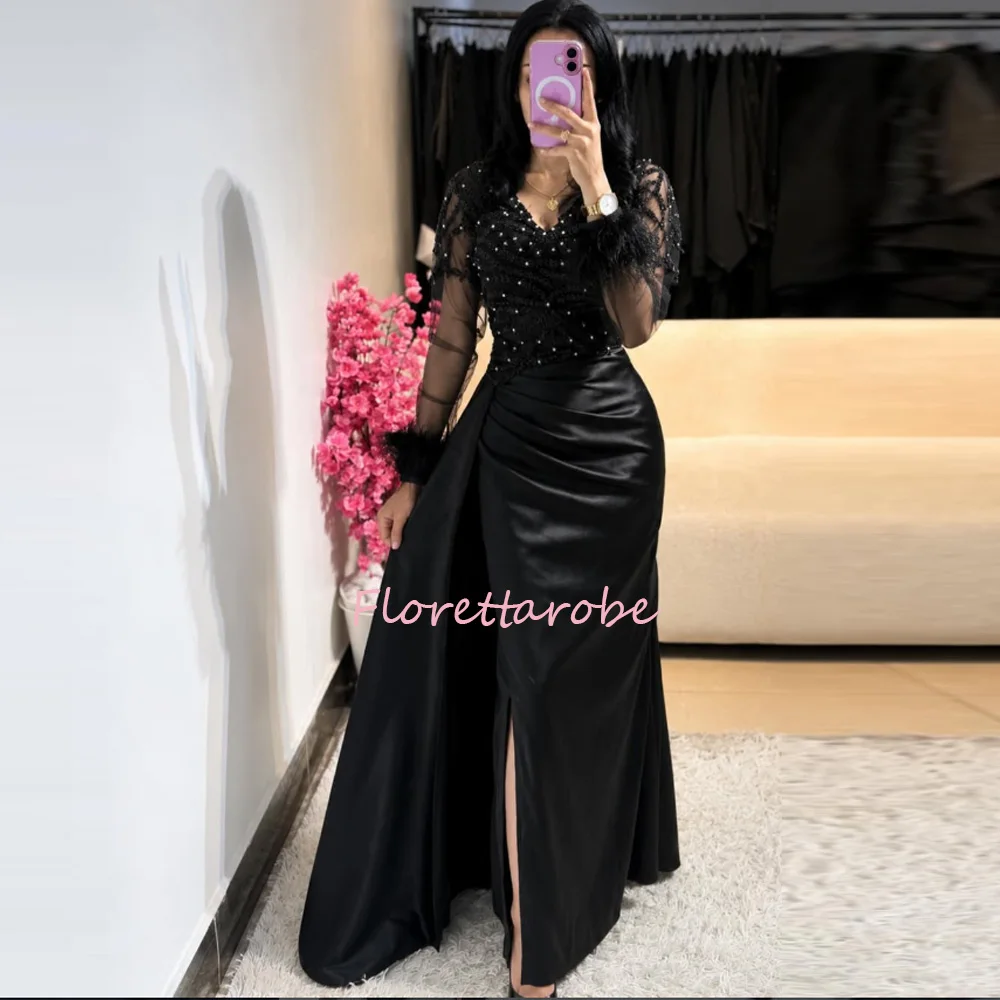 Customized Black Sexy Dubai Evening Dress V-Neck Beads Feathers Long Sleeve Saudi Arabic Women Prom Dresses Ruffle Wedding Guest