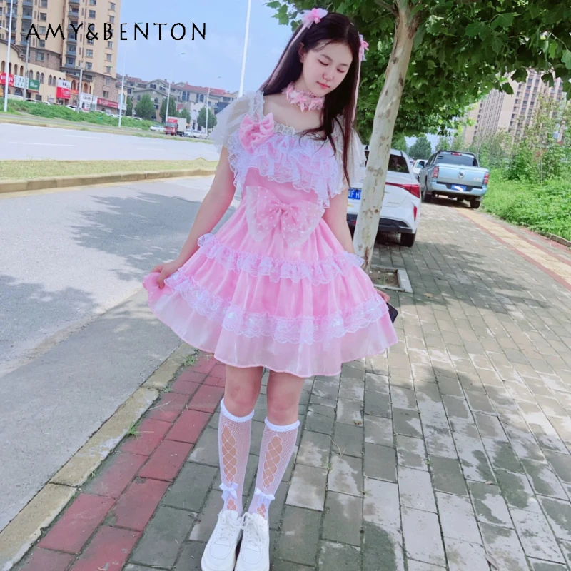 

Japanese Design Pink Age-reducing Bow Fungus Edge Women's Dress 2026 Summer New Sweet Cute Kawaii Cake Princess Dresses Ladies
