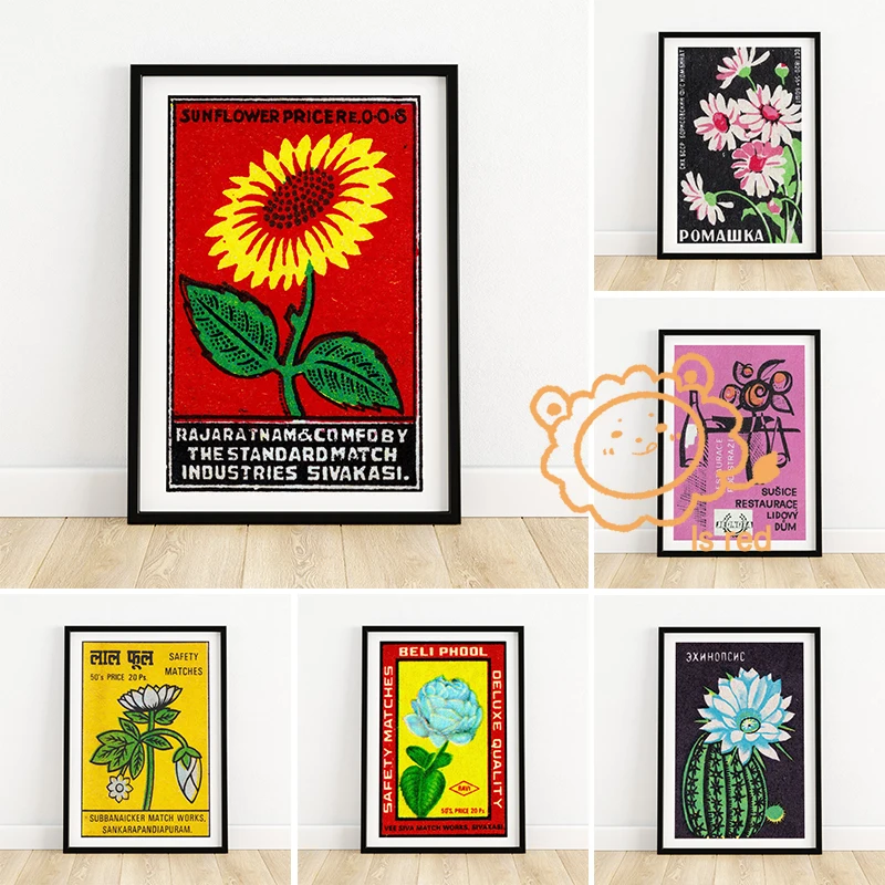 Vintage Matchbox Prints with Flowers Poster Cactus Sunflower Daisy Canvas printing wall decoration frameless painting Home Room