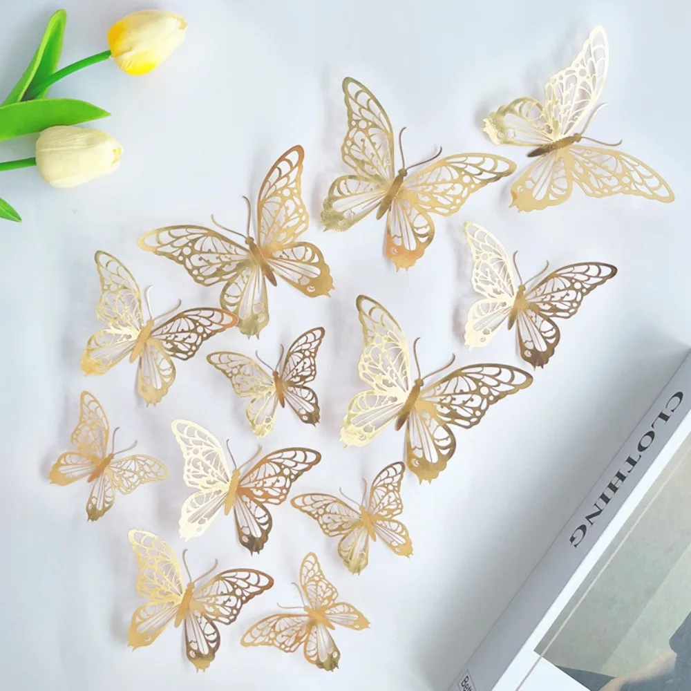12pcs/set Colorful Hollow Butterfly Sticker Exquisite DIY 3D Butterfly Wall Decor Cartoon 3 Sizes Simulation Butterfly Ornaments