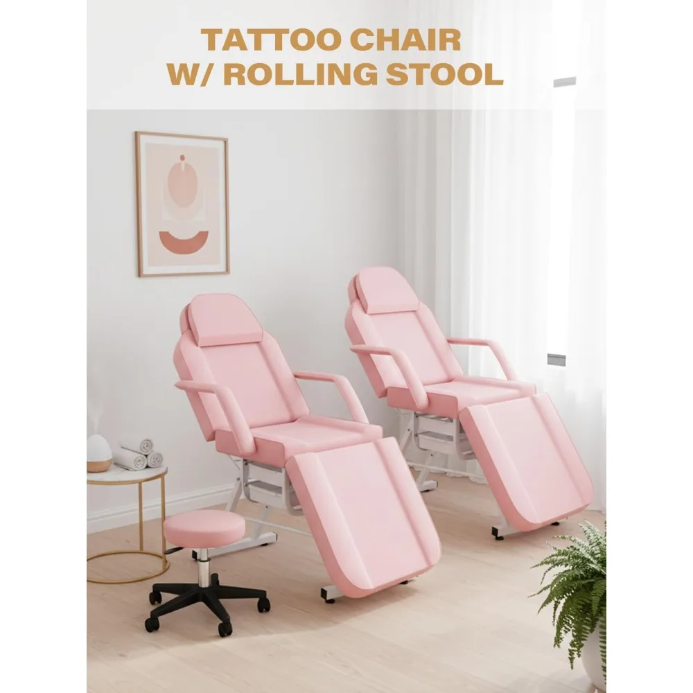 Cadeira de tatuagem facial ajustável para clientes, cama de esteticista com mesa de massagem, encosto de cabeça e 360 °   Banco giratório, serviço de cílios