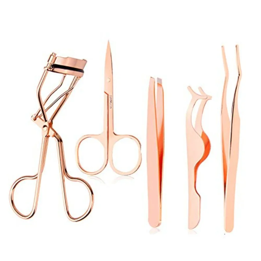 

5 Pieces Eyelash Applicator Tool False Eyelashes Applicator Eyebrow Curler Eyebrow Scissors Rose Golden