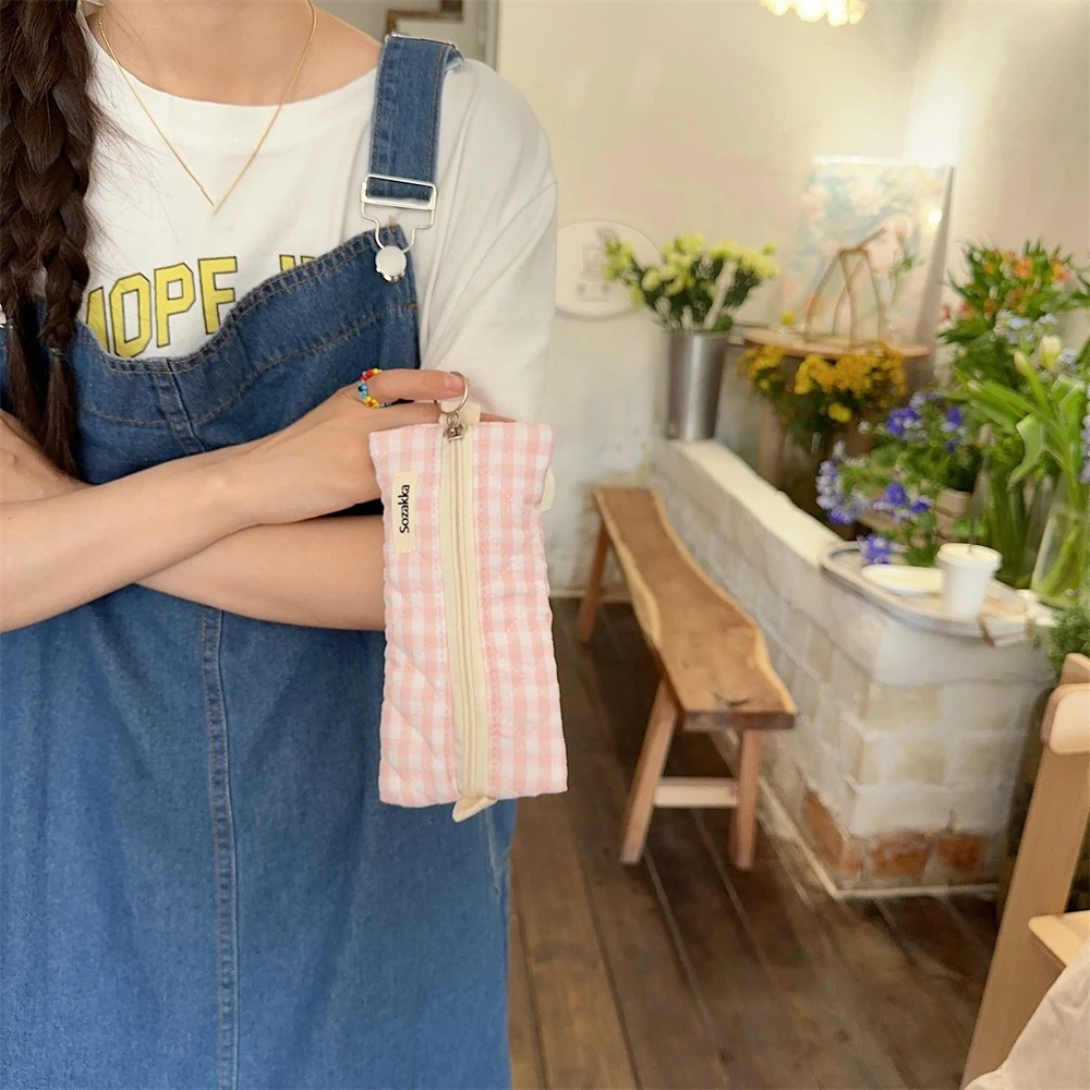 Large Capacity Plaid Pen Bag Makeup Brush Pouch Korean Style Stationary Cloth Box Simple Portable Sewing Pencil Case Girl